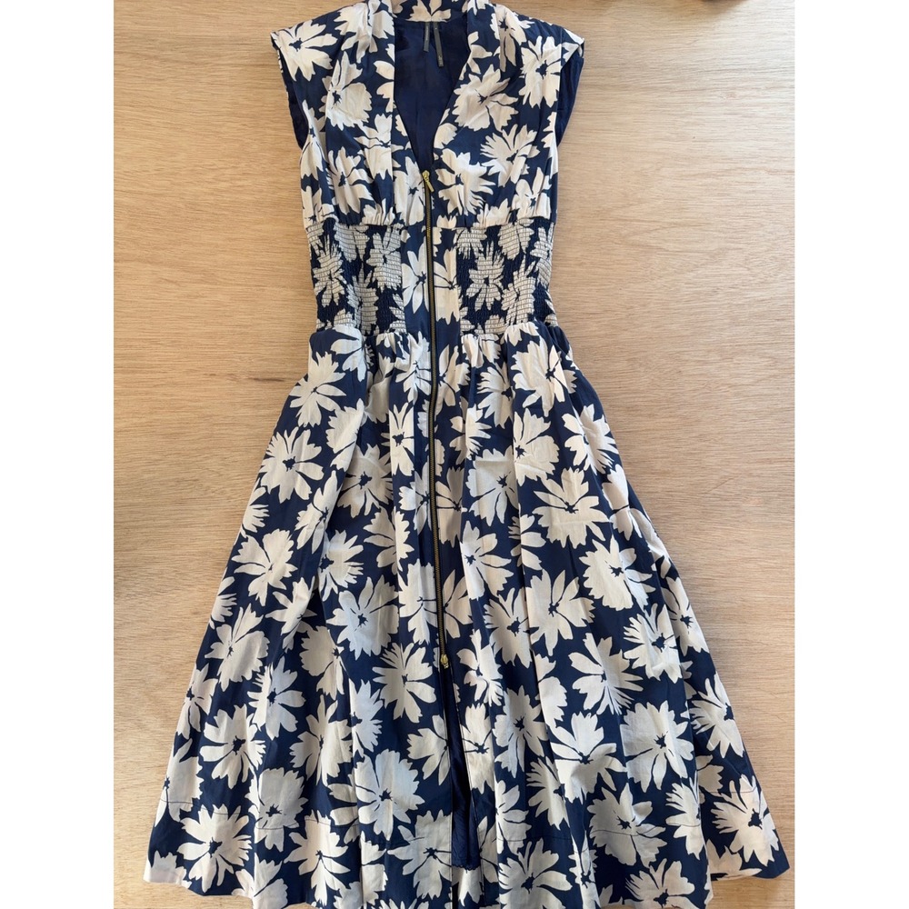 Anthropologie Navy White Floral Zipper Front Midi Dress Pockets Medium